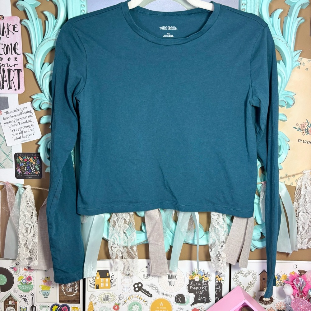Wild Fable Teal Long Sleeve Crop Top Shirt Women’s Size XS Y2K Casual Minimalist